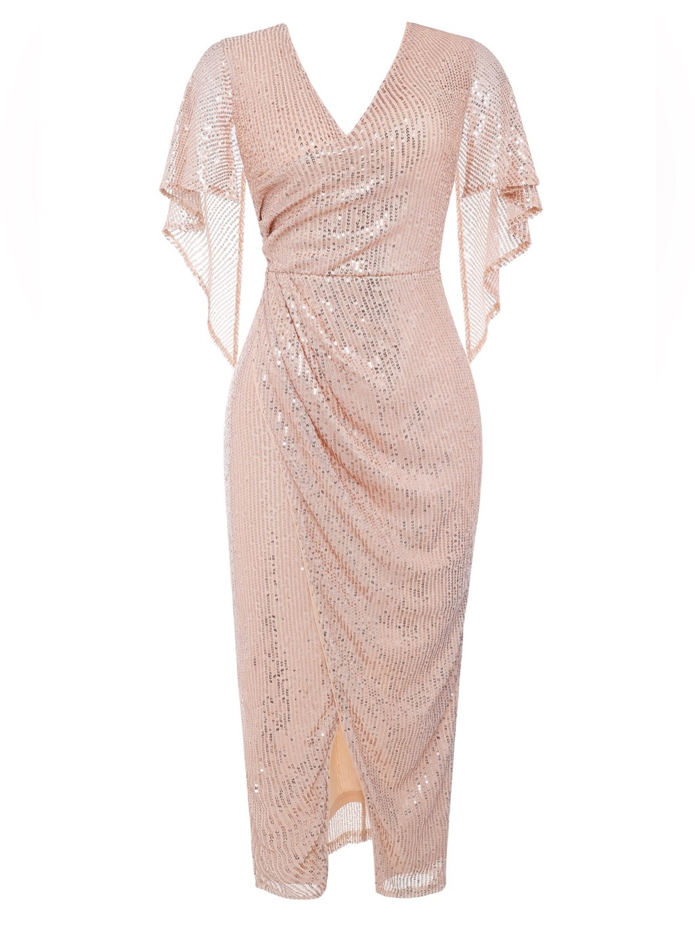 V-Neck Sequin Midi Dress with Flutter Sleeves - Rose Blush